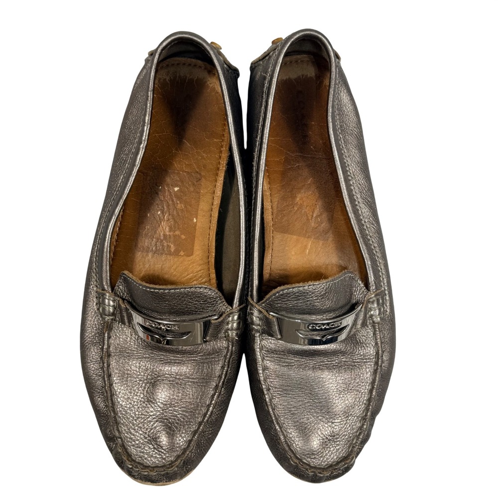 Coach Nola Metallic Pewter Leather Driving Loafers Flats Silver Logo 10B A4062
